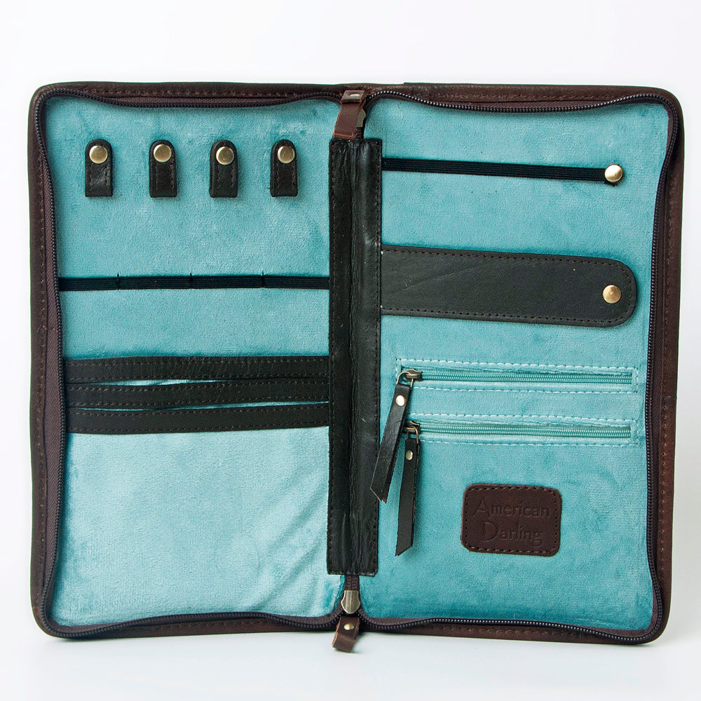 ADBGA323 Hair-On Cowhide & Tooled Leather Western Zip Jewelry Case Floral Edge Design