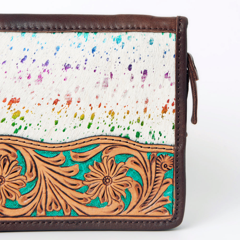 ADBGA323 Hair-On Cowhide & Tooled Leather Western Zip Jewelry Case Floral Edge Design