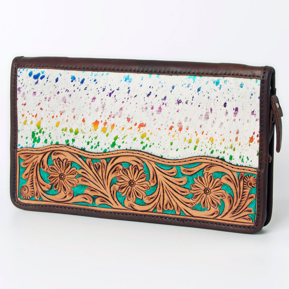 ADBGA323 Hair-On Cowhide & Tooled Leather Western Zip Jewelry Case Floral Edge Design
