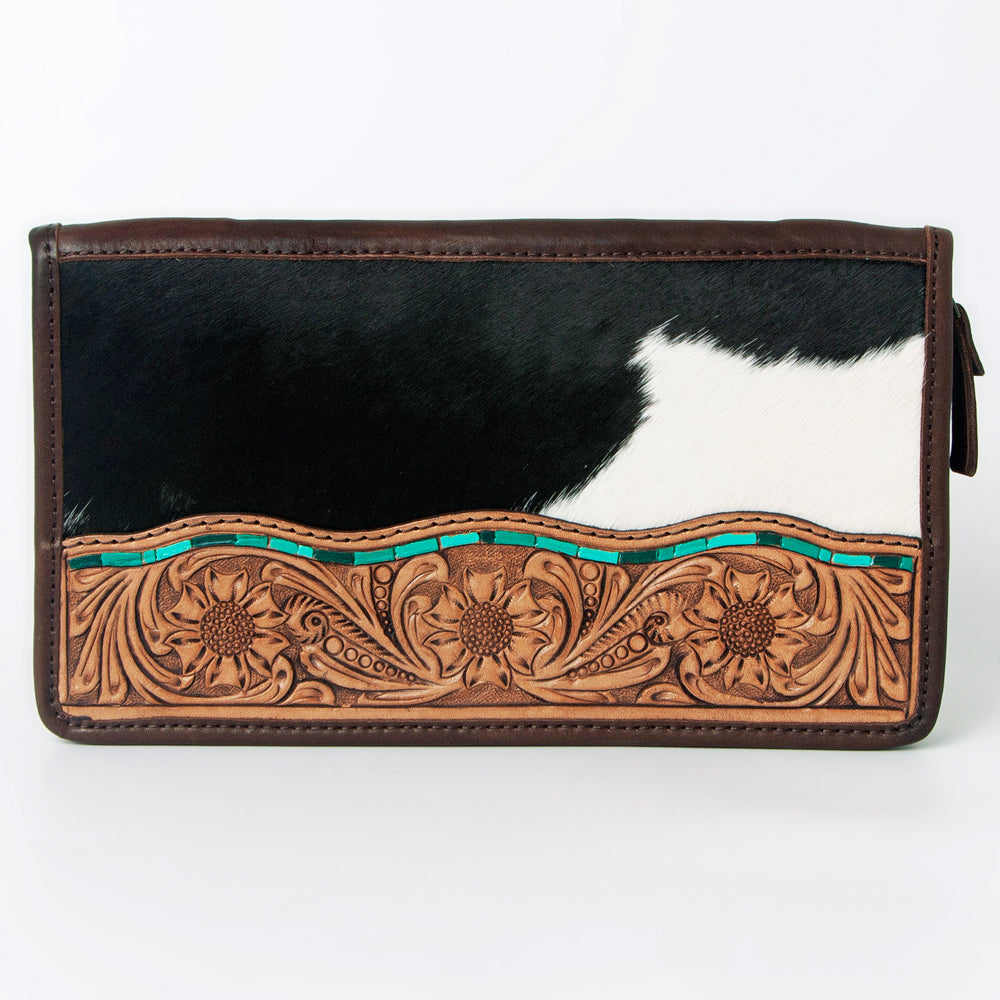 ADBGA323 Hair-On Cowhide & Tooled Leather Western Zip Jewelry Case Floral Edge Design