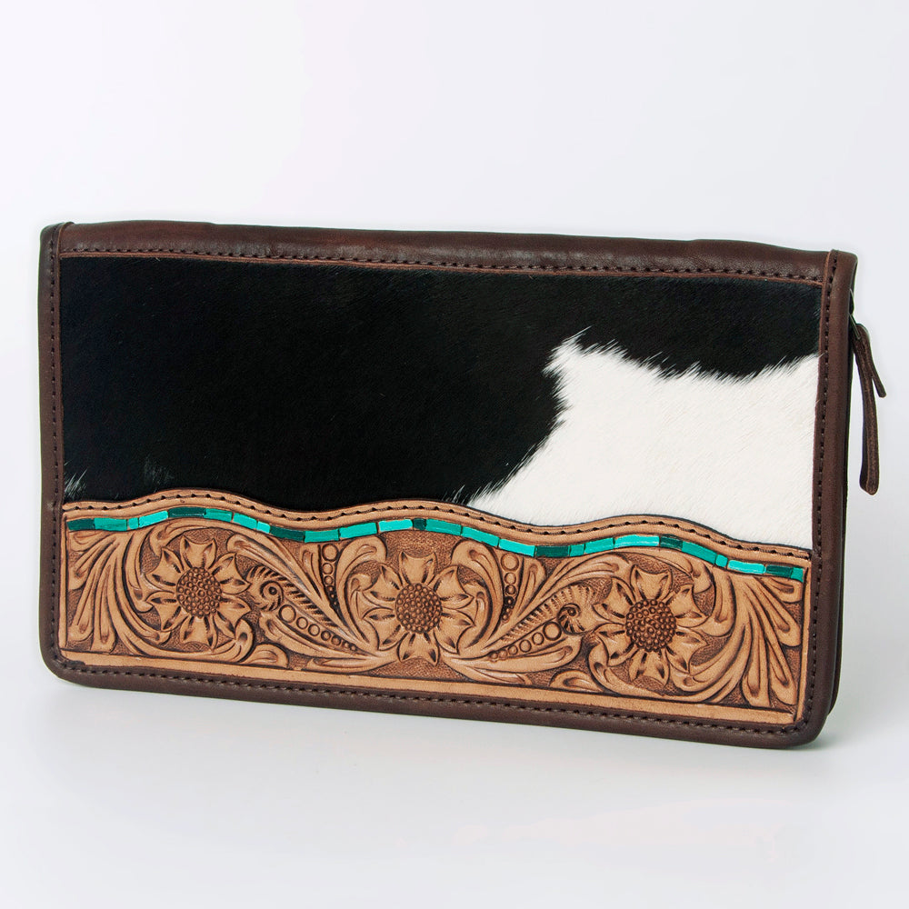 ADBGA323 Hair-On Cowhide & Tooled Leather Western Zip Jewelry Case Floral Edge Design
