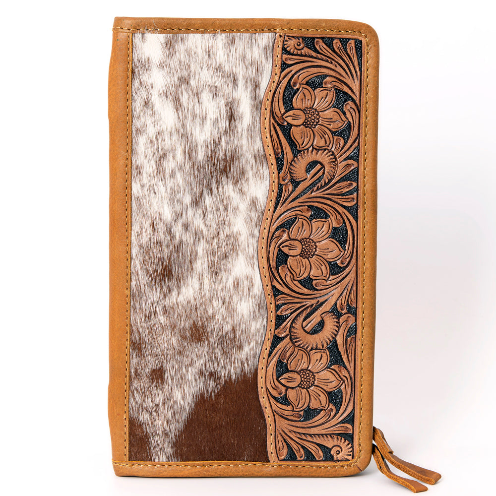 ADBGA323 Hair-On Cowhide & Tooled Leather Western Zip Jewelry Case Floral Edge Design