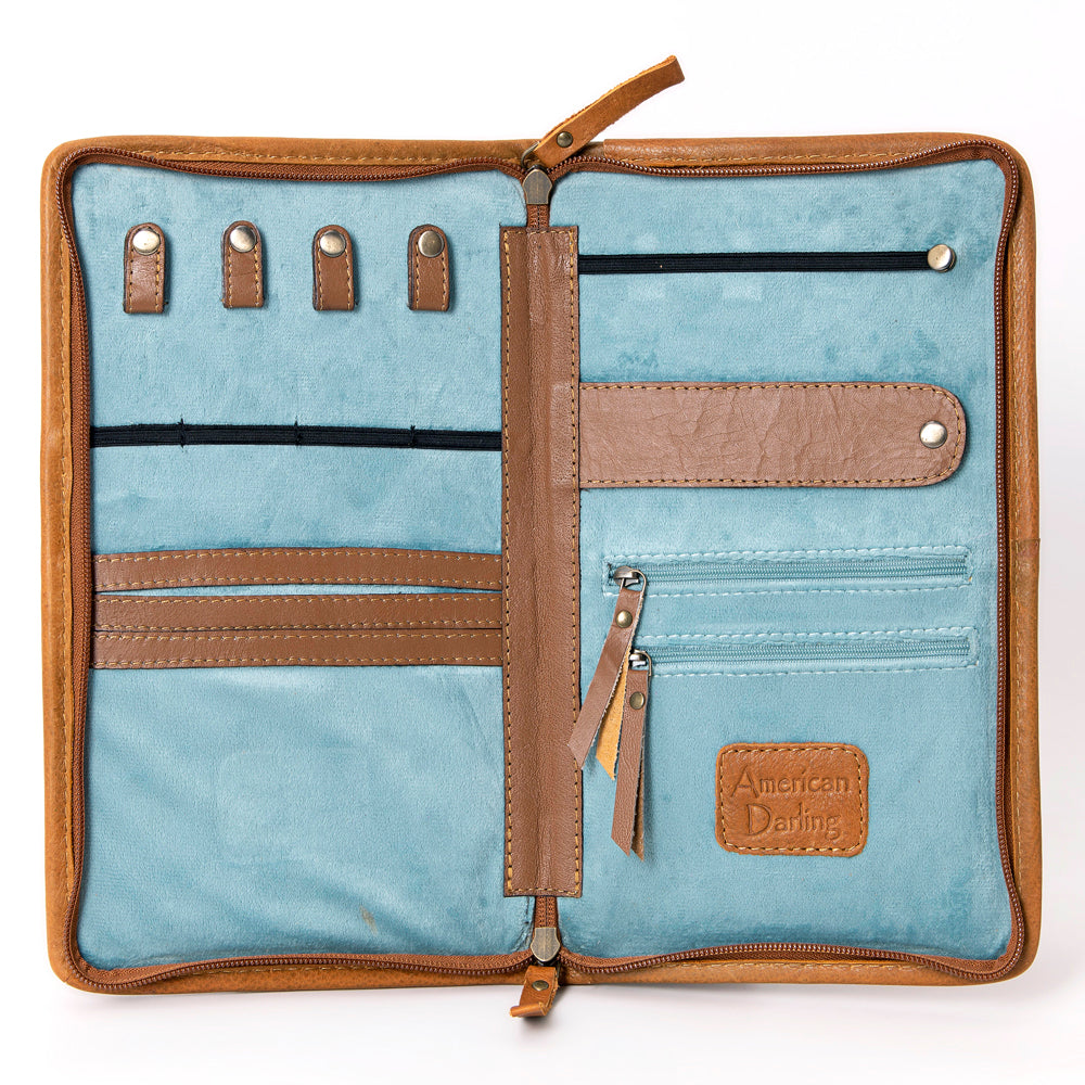 ADBGA323 Hair-On Cowhide & Tooled Leather Western Zip Jewelry Case Floral Edge Design