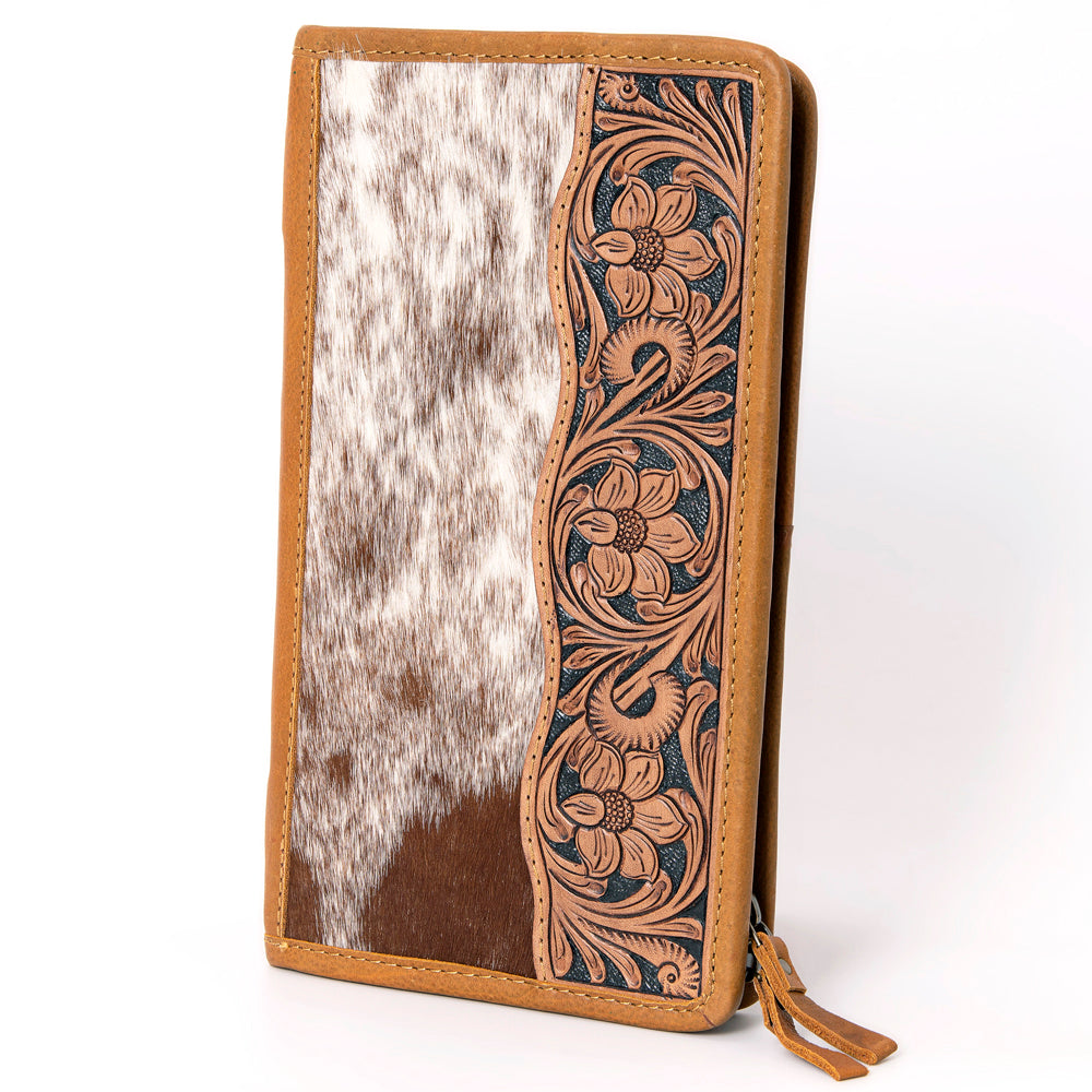 ADBGA323 Hair-On Cowhide & Tooled Leather Western Zip Jewelry Case Floral Edge Design