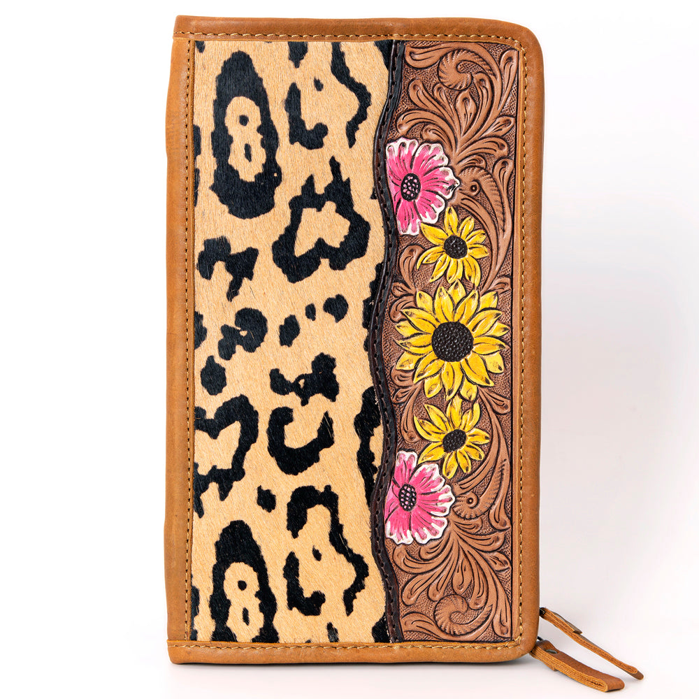 ADBGA323 Hair-On Cowhide & Tooled Leather Western Zip Jewelry Case Floral Edge Design