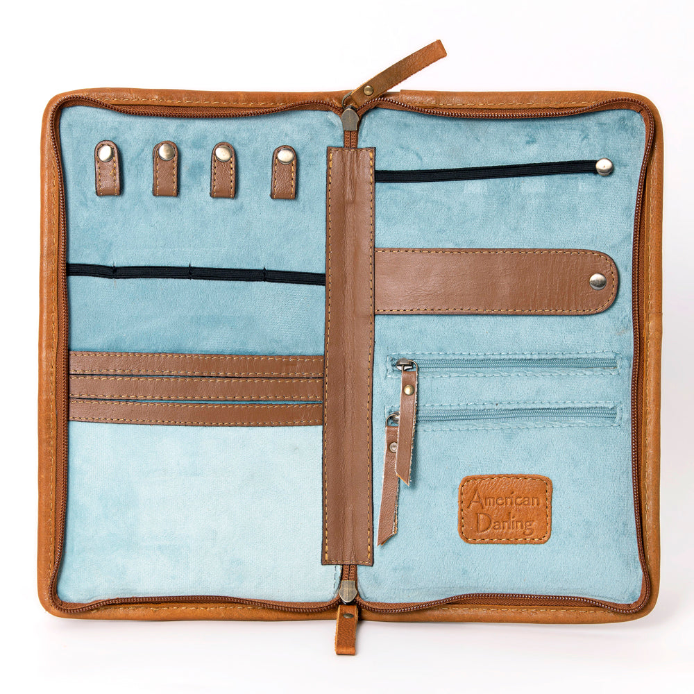 ADBGA323 Hair-On Cowhide & Tooled Leather Western Zip Jewelry Case Floral Edge Design