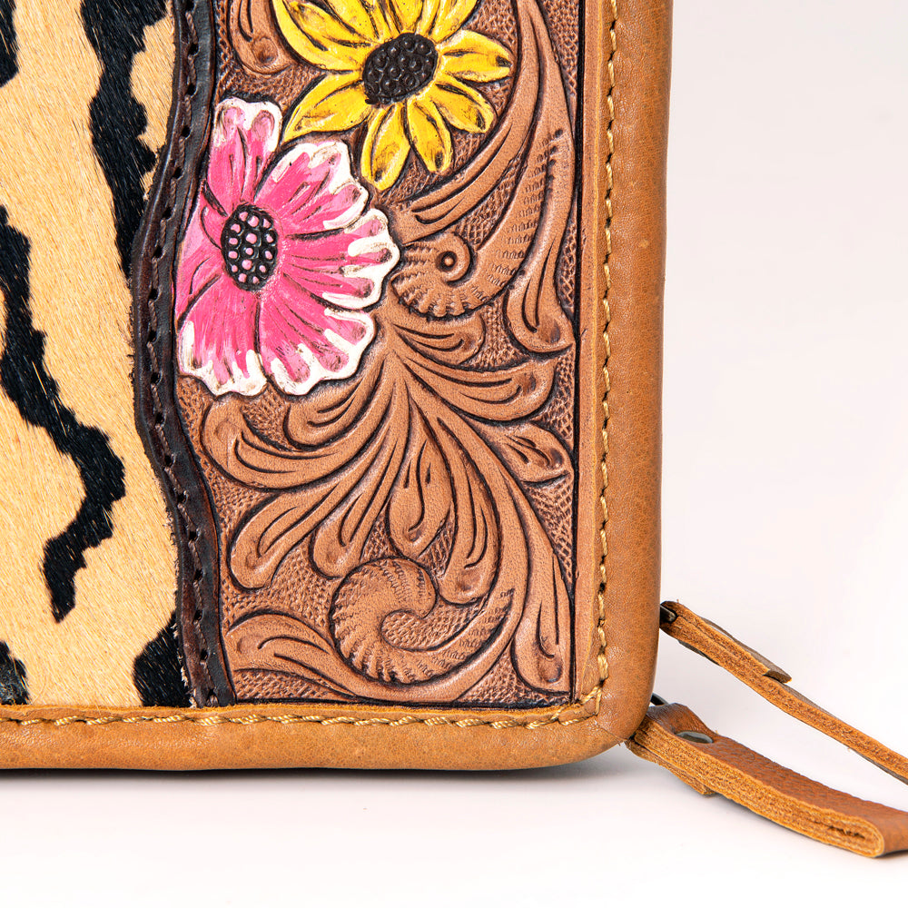 ADBGA323 Hair-On Cowhide & Tooled Leather Western Zip Jewelry Case Floral Edge Design