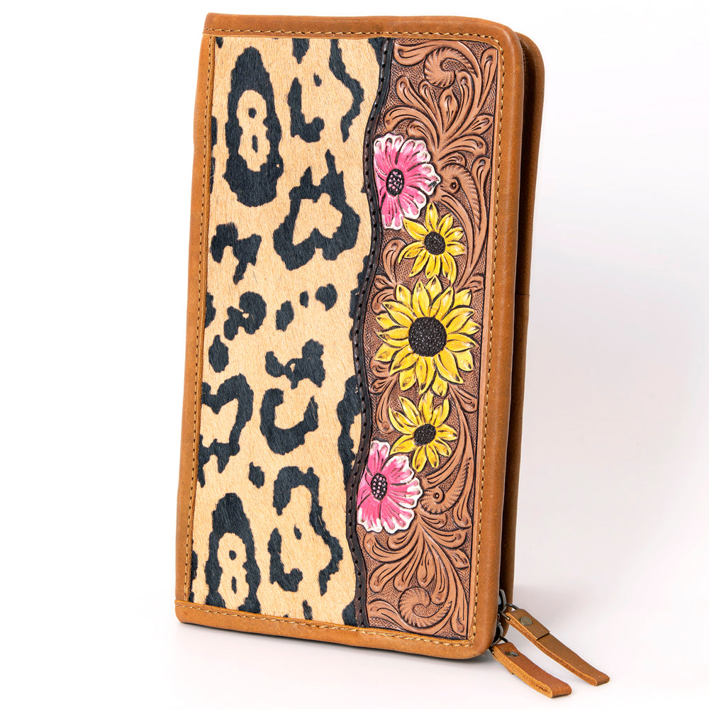 ADBGA323 Hair-On Cowhide & Tooled Leather Western Zip Jewelry Case Floral Edge Design