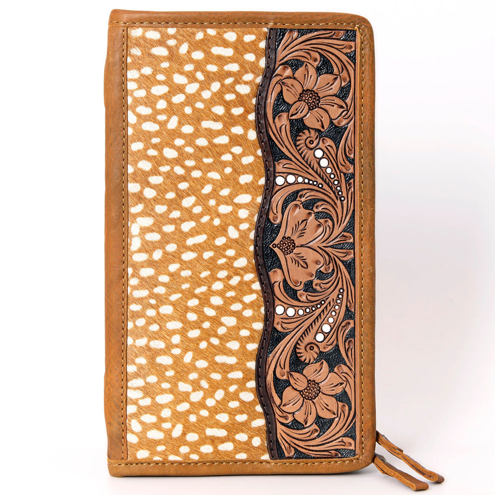 ADBGA323 Hair-On Cowhide & Tooled Leather Western Zip Jewelry Case Floral Edge Design