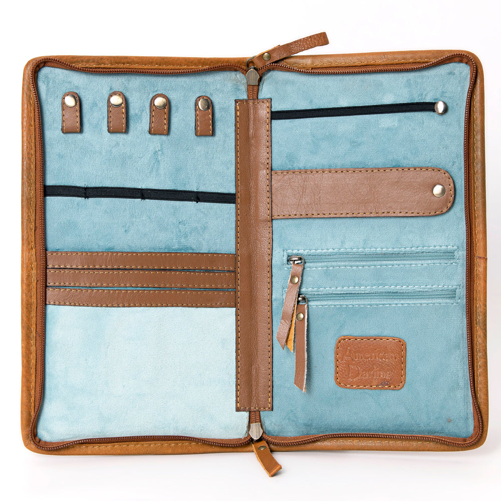 ADBGA323 Hair-On Cowhide & Tooled Leather Western Zip Jewelry Case Floral Edge Design