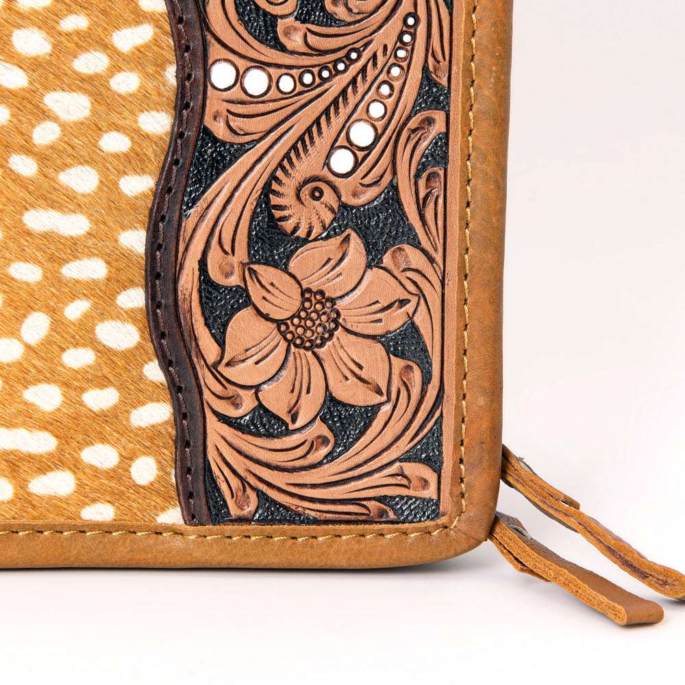 ADBGA323 Hair-On Cowhide & Tooled Leather Western Zip Jewelry Case Floral Edge Design