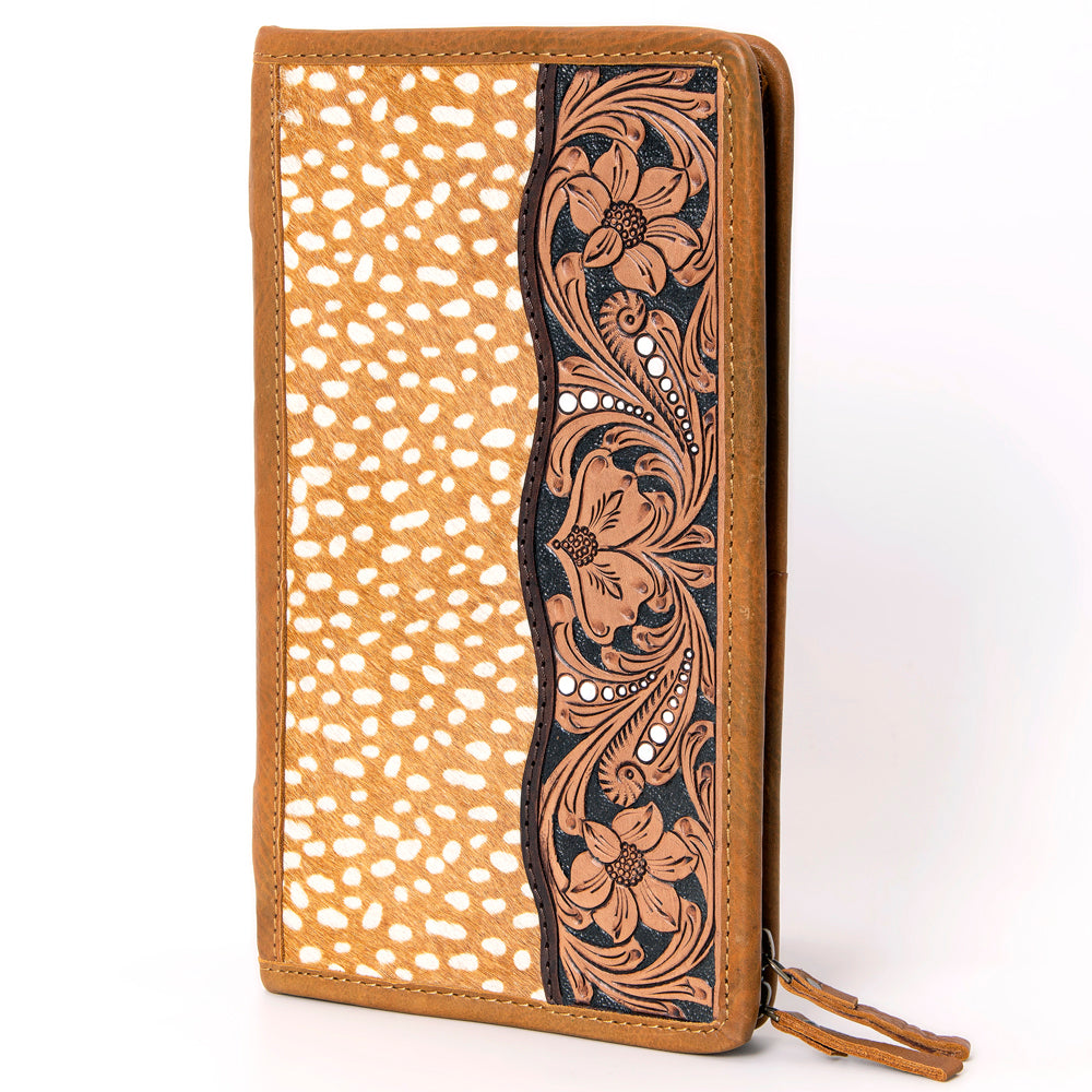 ADBGA323 Hair-On Cowhide & Tooled Leather Western Zip Jewelry Case Floral Edge Design