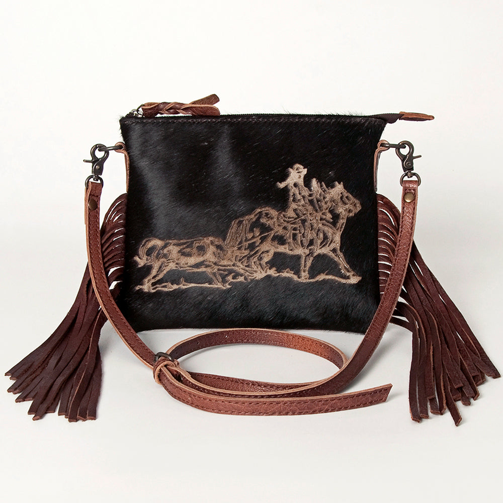 ADBG109 American Darling Hair-on Cowhide Western Leather Small Crossbody Bag with Fringe