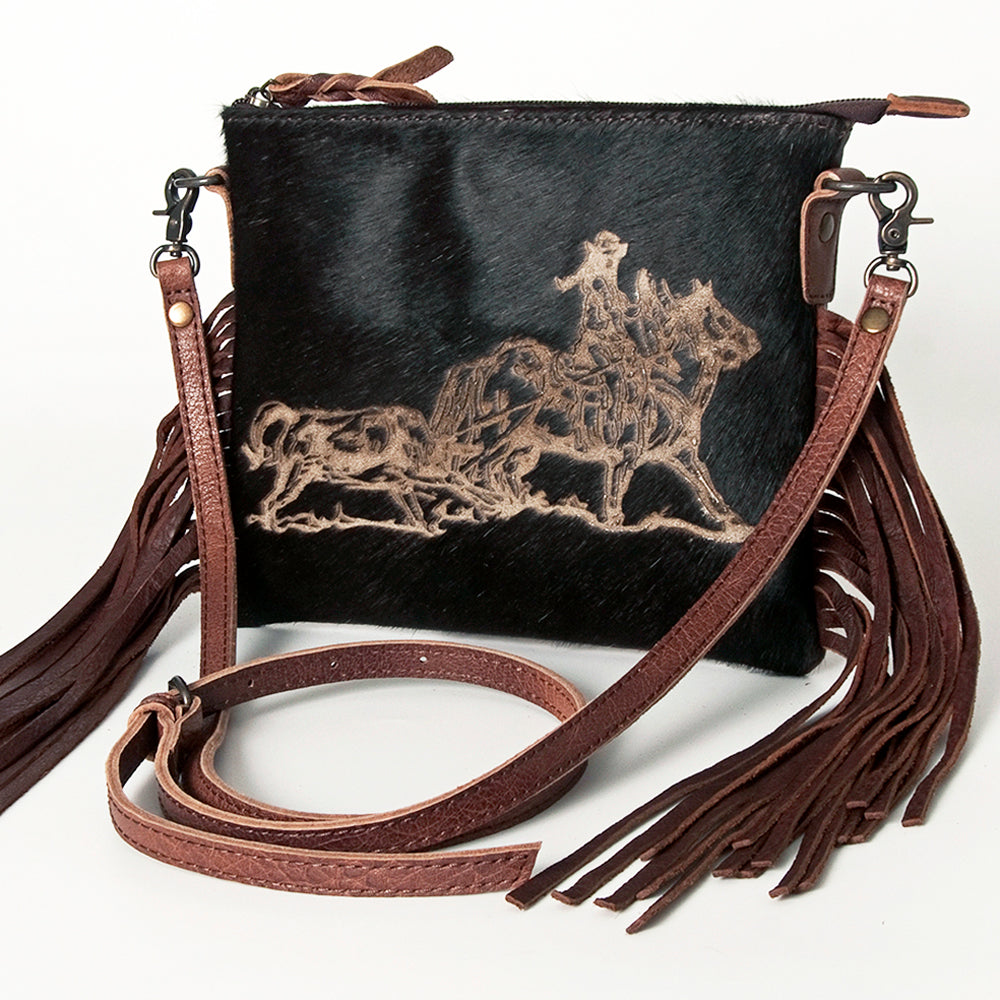ADBG109 American Darling Hair-on Cowhide Western Leather Small Crossbody Bag with Fringe