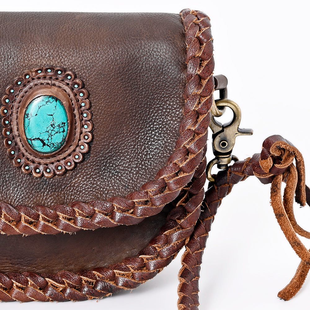 ADBGM338 Braided Leather Crossbody Bag with Stone Accent and Flap Closure