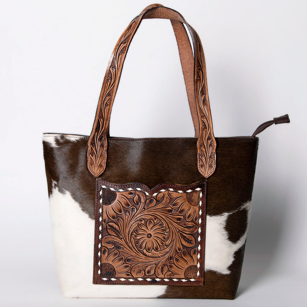 LC-ADBGZ694 Genuine Cowhide Leather Tote Bag with Hand-Tooled Floral Patch - Western Shoulder Bag