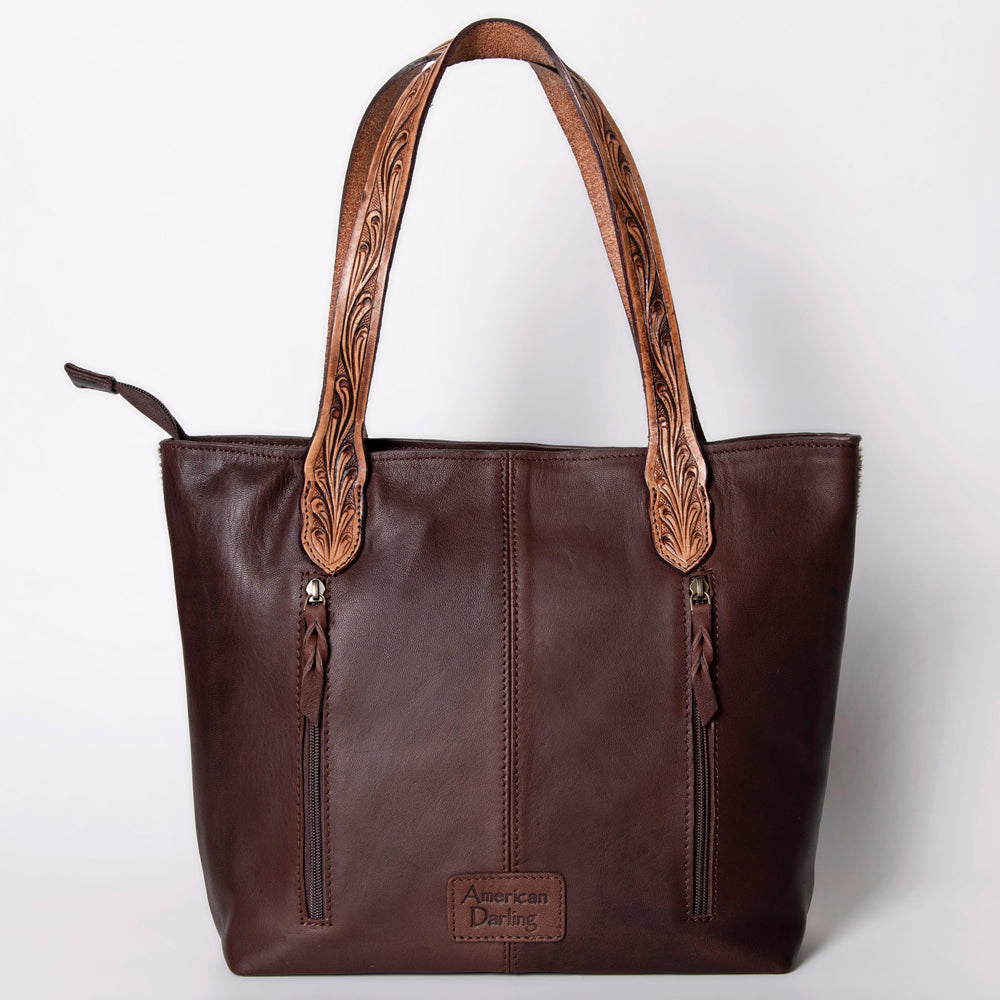 LC-ADBGZ694 Genuine Cowhide Leather Tote Bag with Hand-Tooled Floral Patch - Western Shoulder Bag