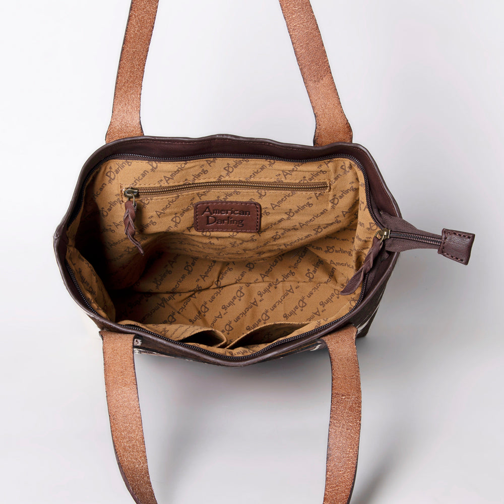 LC-ADBGZ694 Genuine Cowhide Leather Tote Bag with Hand-Tooled Floral Patch - Western Shoulder Bag
