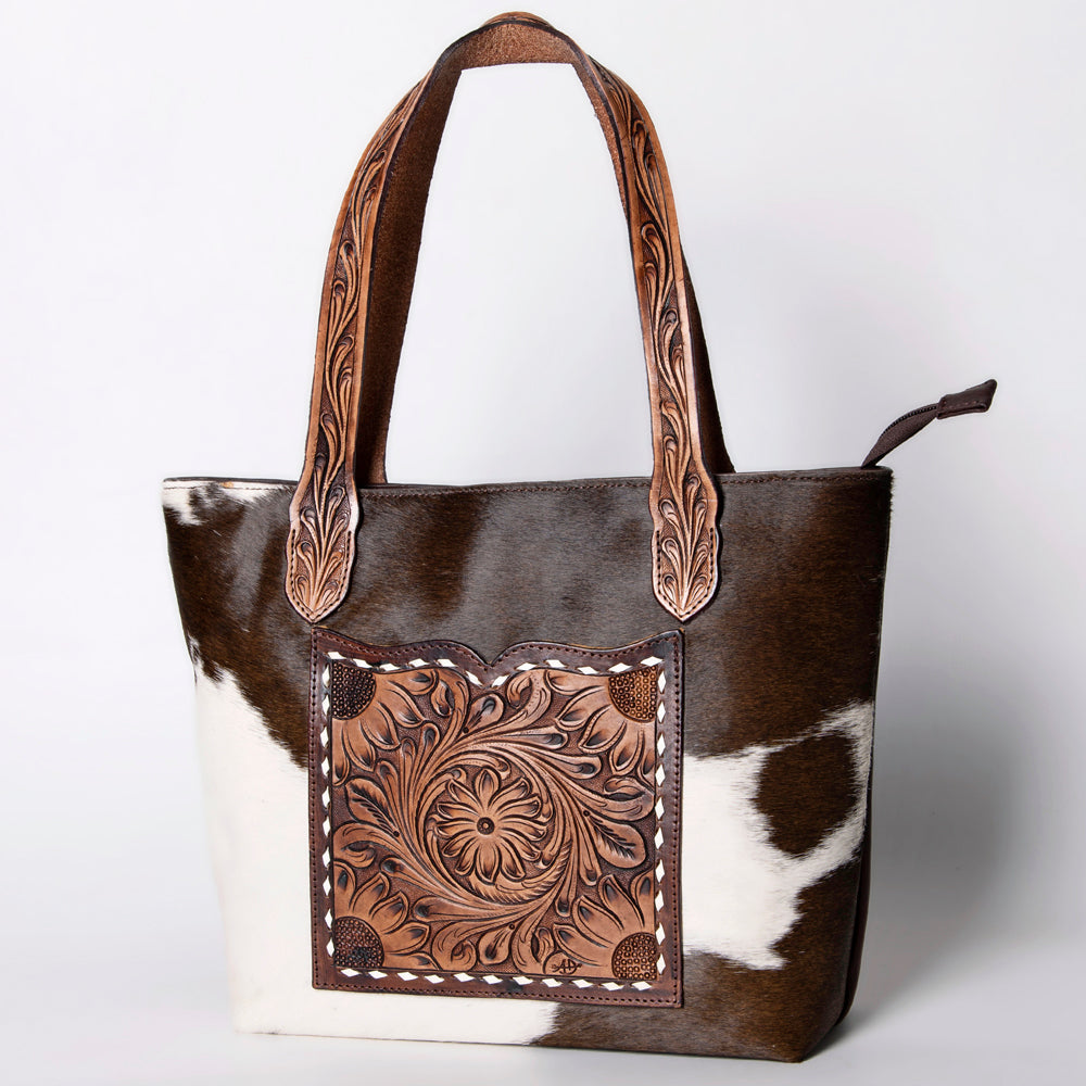 LC-ADBGZ694 Genuine Cowhide Leather Tote Bag with Hand-Tooled Floral Patch - Western Shoulder Bag
