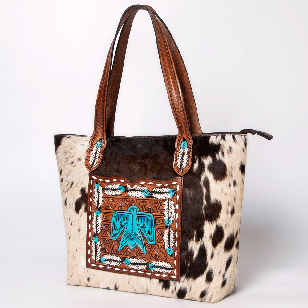 LC-ADBGZ694 Genuine Cowhide Leather Tote Bag with Hand-Tooled Floral Patch - Western Shoulder Bag