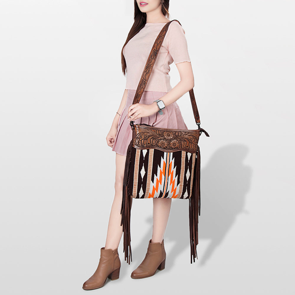 LC-ADBGZ680 Western Hand-Tooled Leather Crossbody Bag with Fringe and Aztec Wool Pattern