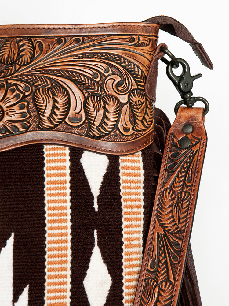 LC-ADBGZ680 Western Hand-Tooled Leather Crossbody Bag with Fringe and Aztec Wool Pattern