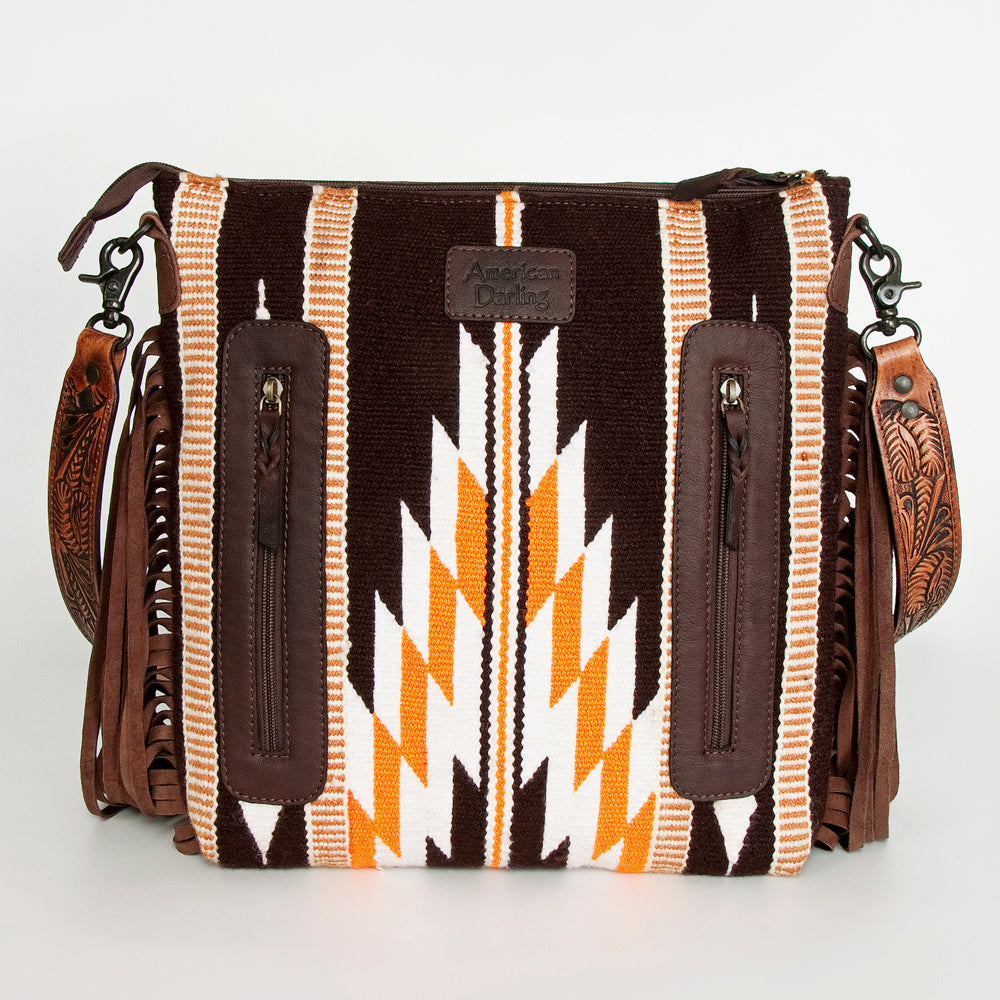 LC-ADBGZ680 Western Hand-Tooled Leather Crossbody Bag with Fringe and Aztec Wool Pattern