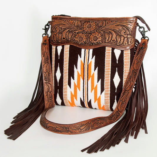 LC-ADBGZ680 Western Hand-Tooled Leather Crossbody Bag with Fringe and Aztec Wool Pattern
