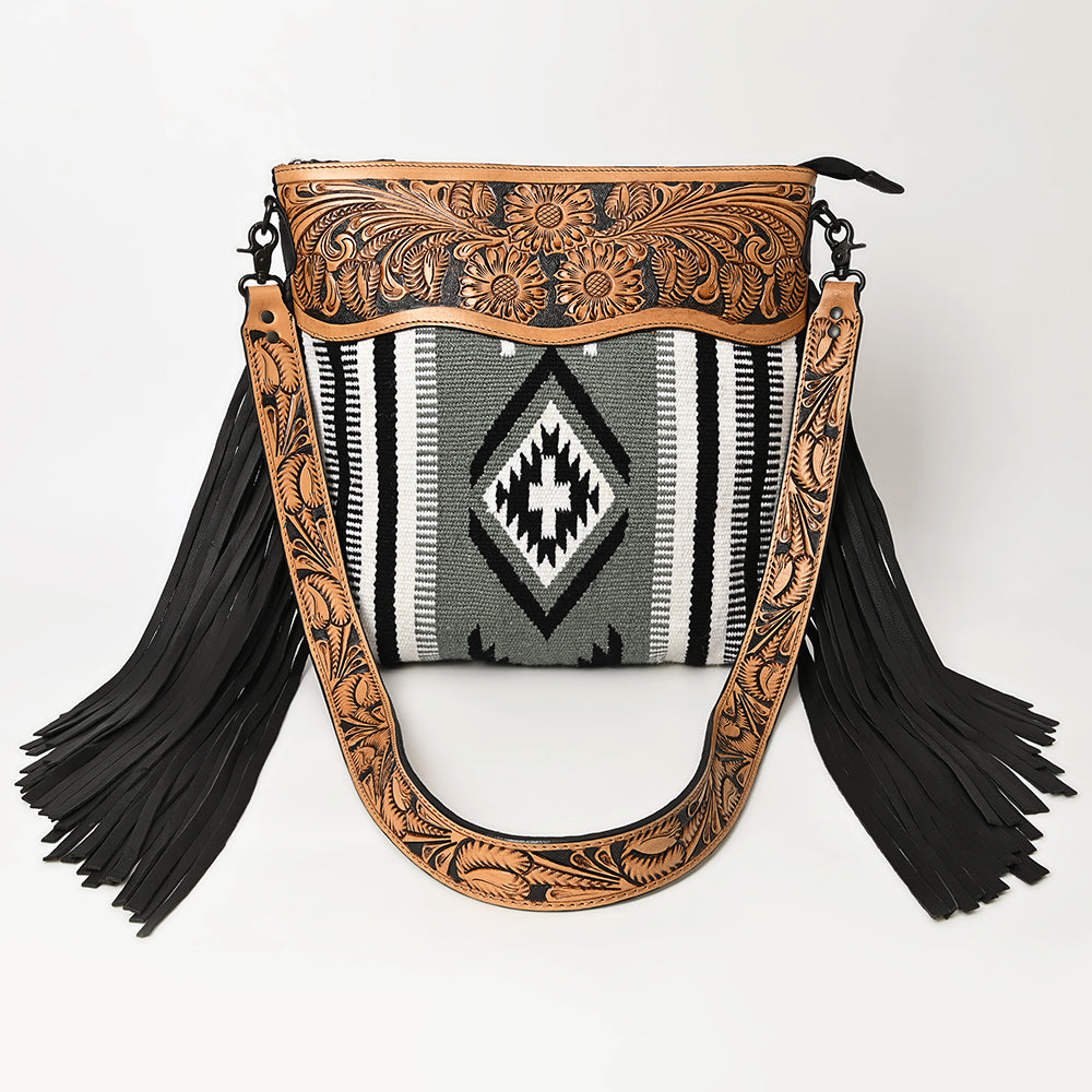 LC-ADBGZ684 Western Crossbody Bag - Hand-Tooled Leather with Black & White Aztec Wool and Fringe