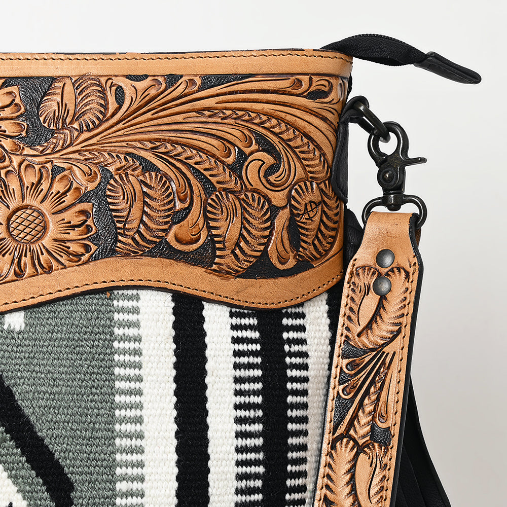 LC-ADBGZ684 Western Crossbody Bag - Hand-Tooled Leather with Black & White Aztec Wool and Fringe