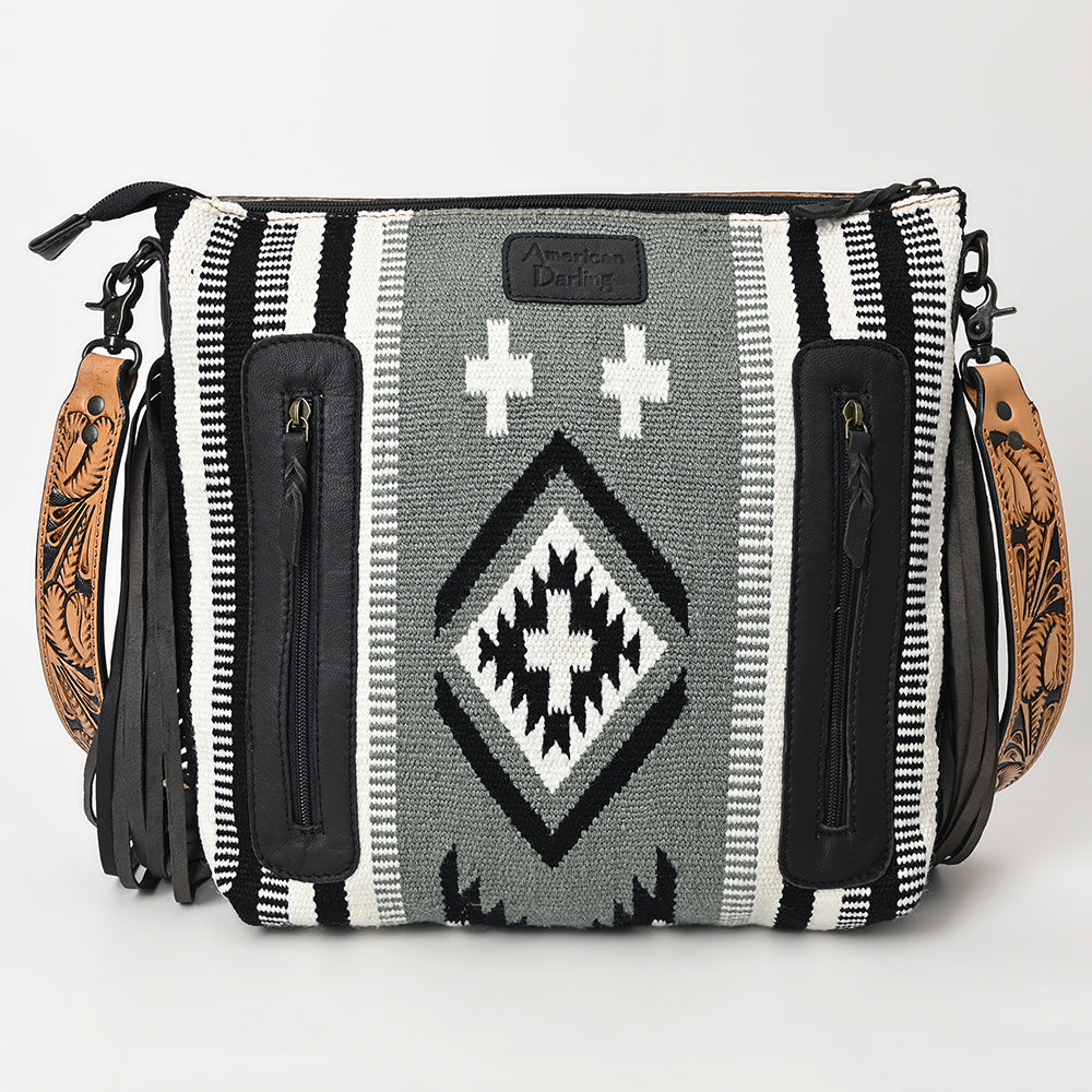 LC-ADBGZ684 Western Crossbody Bag - Hand-Tooled Leather with Black & White Aztec Wool and Fringe