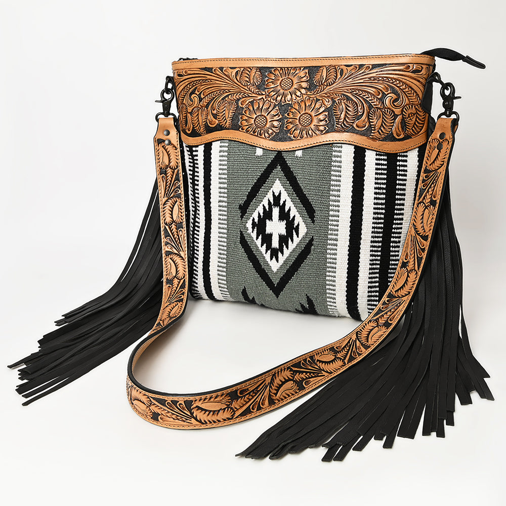 LC-ADBGZ684 Western Crossbody Bag - Hand-Tooled Leather with Black & White Aztec Wool and Fringe