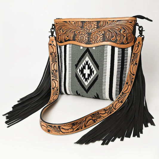 LC-ADBGZ684 Western Crossbody Bag - Hand-Tooled Leather with Black & White Aztec Wool and Fringe