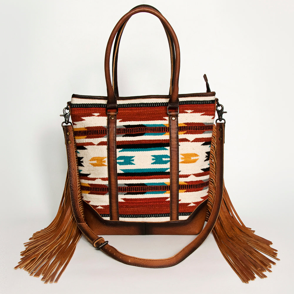 ADBG1030A American Darling Handwoven Saddle Blanket Tote Bag with Leather Fringe - Western Boho Style