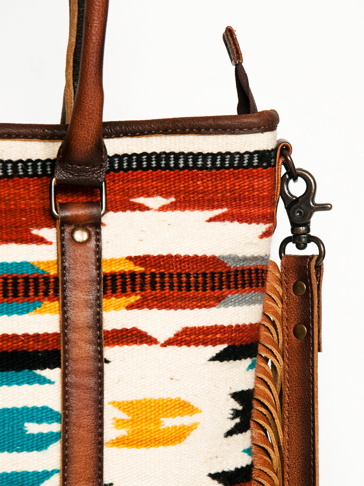 ADBG1030A American Darling Handwoven Saddle Blanket Tote Bag with Leather Fringe - Western Boho Style