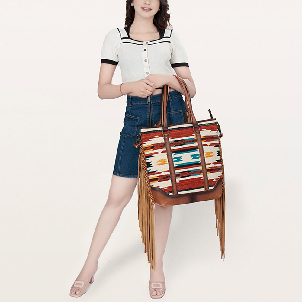 ADBG1030A American Darling Handwoven Saddle Blanket Tote Bag with Leather Fringe - Western Boho Style