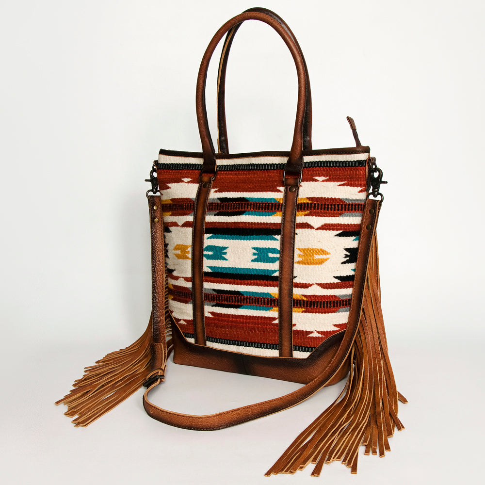 ADBG1030A American Darling Handwoven Saddle Blanket Tote Bag with Leather Fringe - Western Boho Style