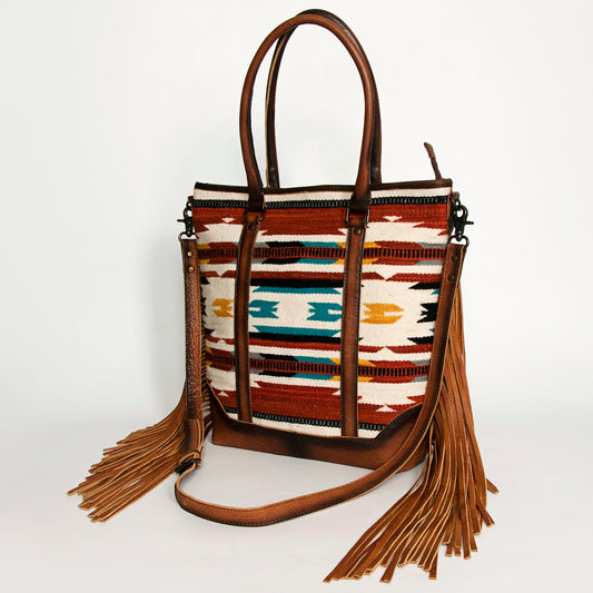ADBG1030A American Darling Handwoven Saddle Blanket Tote Bag with Leather Fringe - Western Boho Style