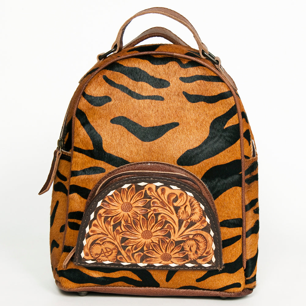 ADBGS156 Printed Cowhide Leather Backpack with Tooled Floral Pocket - Western Wild Style