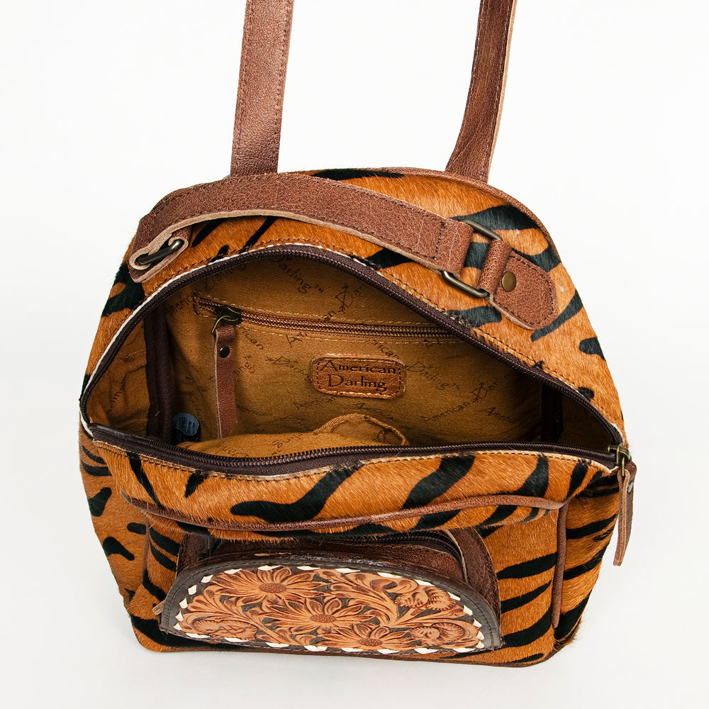 ADBGS156 Printed Cowhide Leather Backpack with Tooled Floral Pocket - Western Wild Style