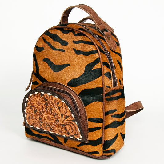 ADBGS156 Printed Cowhide Leather Backpack with Tooled Floral Pocket - Western Wild Style