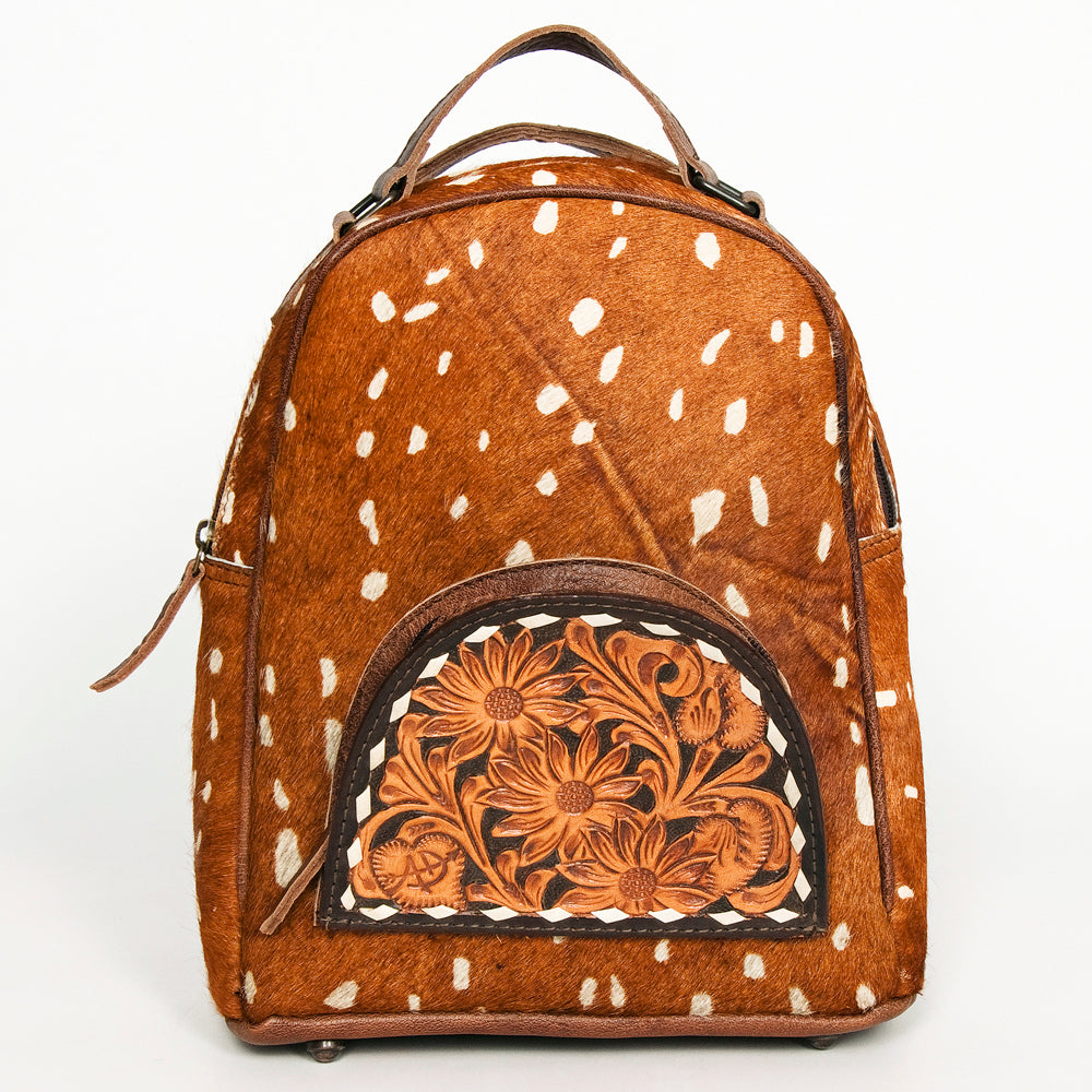 ADBGS156 Printed Cowhide Leather Backpack with Tooled Floral Pocket - Western Wild Style