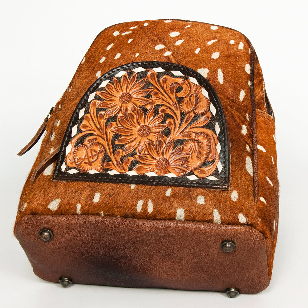 ADBGS156 Printed Cowhide Leather Backpack with Tooled Floral Pocket - Western Wild Style