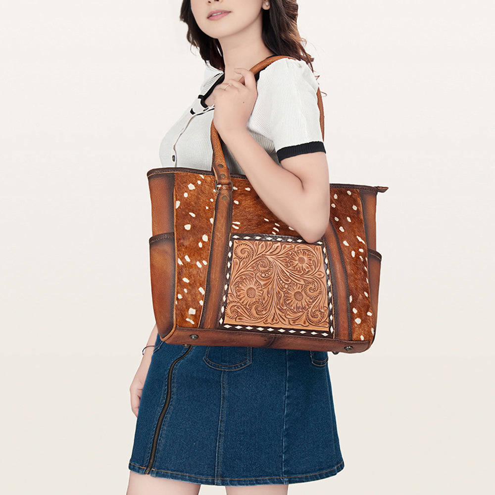 ADBG953 American Darling Western Leather Tote Bag Hair-On Cowhide Hand Tooled Floral