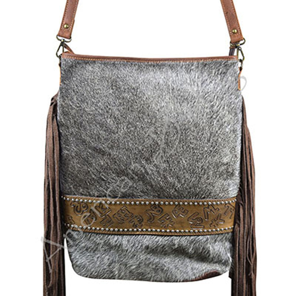 ADBG316 Hair-On Cowhide & Tooled Leather Western Large Crossbody Bag Fringe Crossbody