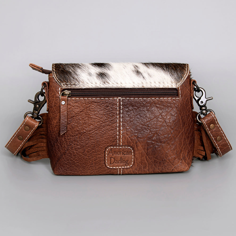 ADBG1050 American Darling Hair-on Cowhide Leather Crossbody Bag Floral Tooling & Fringes Western Handbag