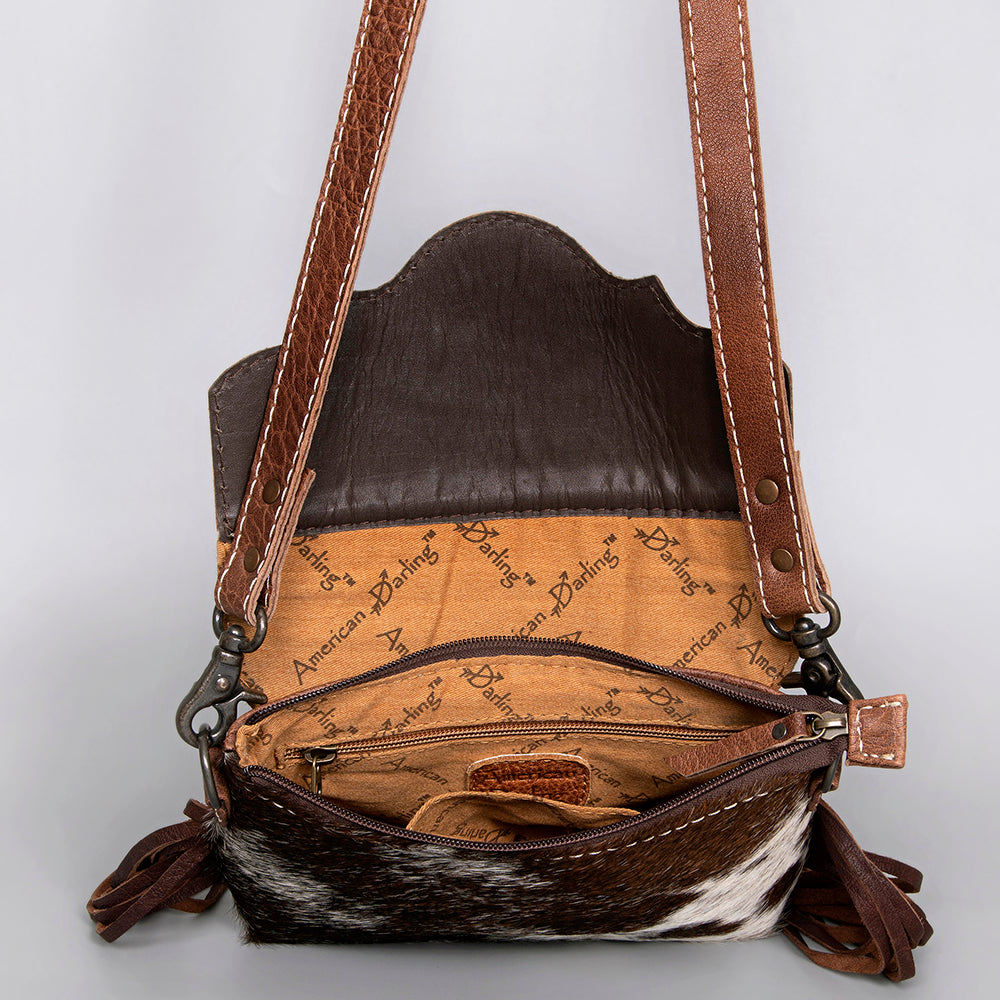 ADBG1050 American Darling Hair-on Cowhide Leather Crossbody Bag Floral Tooling & Fringes Western Handbag