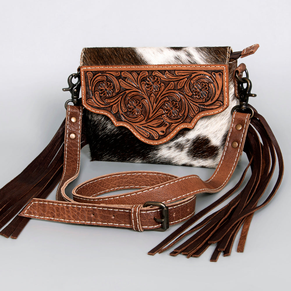 ADBG1050 American Darling Hair-on Cowhide Leather Crossbody Bag Floral Tooling & Fringes Western Handbag