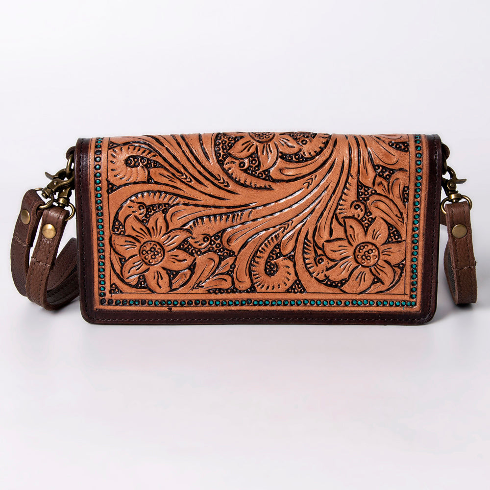 ADBGM169 Hand-Tooled Leather Organiser Purse - Western Floral Scroll