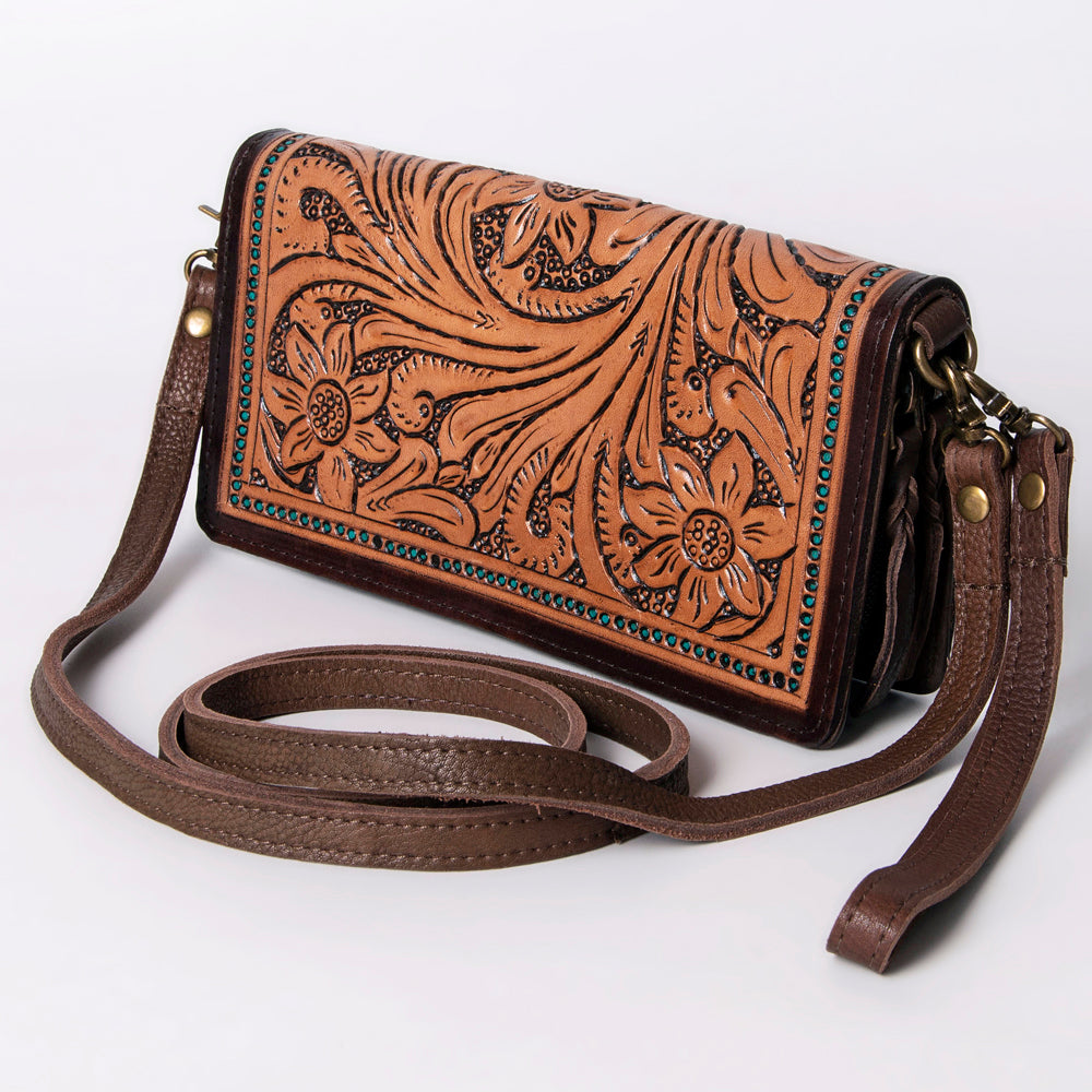 ADBGM169 Hand-Tooled Leather Organiser Purse - Western Floral Scroll